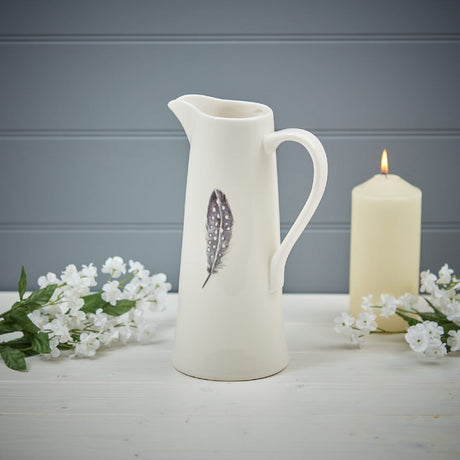 Feather Jug Tall White Embossed Ceramic with Grey Feather - JUGS - Beattys of Loughrea