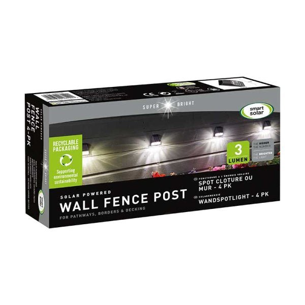 Solar Fence, Wall & Post 3 Lumen Light, 4 Pack - GARDEN ORNAMENTS INCL SOLAR - Beattys of Loughrea