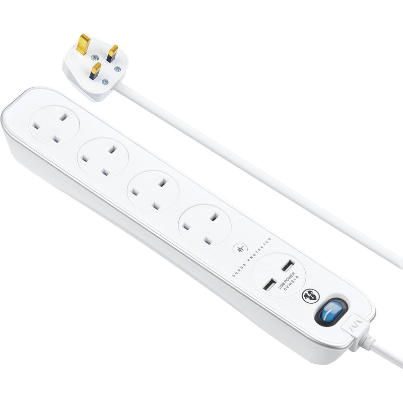Masterplug 4 gang 2 metre Surge Extension Lead + 2 x USB - EXTENSION LEADS/SOCKETS - Beattys of Loughrea