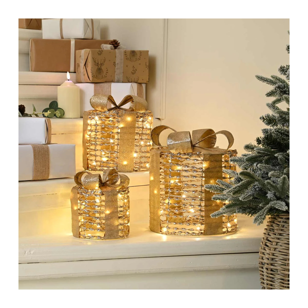 Festive LED Champagne Gold Parcels, Set of 3 - XMAS ROOM DECORATION - LIGHT UP - Beattys of Loughrea