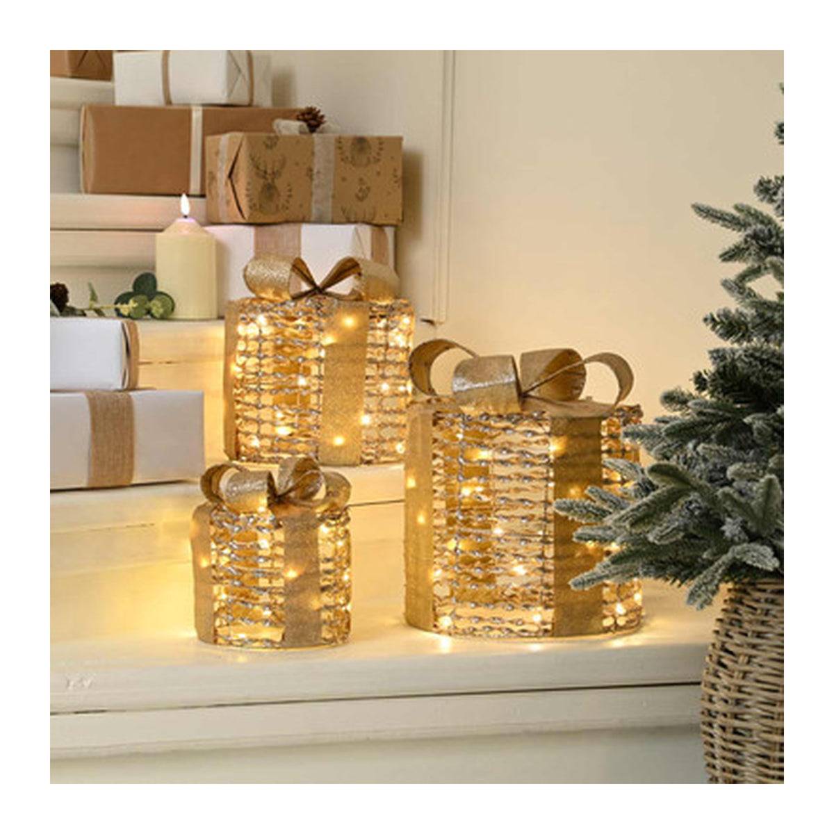 Festive LED Champagne Gold Parcels, Set of 3 - XMAS ROOM DECORATION - LIGHT UP - Beattys of Loughrea