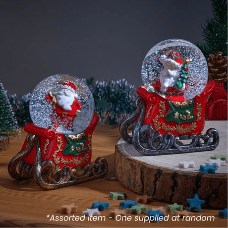 8cm Santa Sleigh SnowSphere - One Supplied* - XMAS CERAMIC WOOD RESIN GLASS ORNAMENTS - Beattys of Loughrea