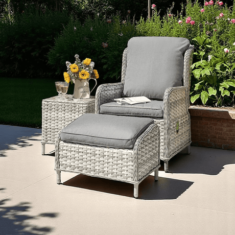 Deluxe Rattan Reclining Armchair Comfort Trio Set - BISTRO SET 2 PERSON - Beattys of Loughrea