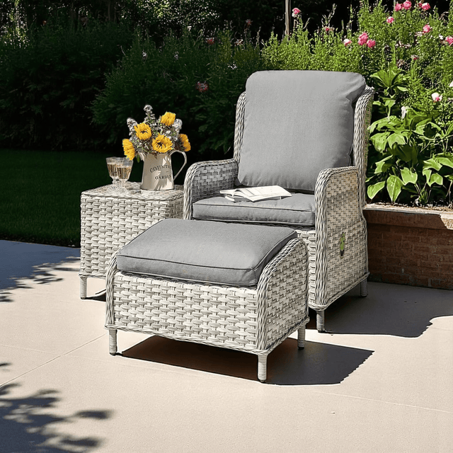 Deluxe Rattan Reclining Armchair Comfort Trio Set - BISTRO SET 2 PERSON - Beattys of Loughrea