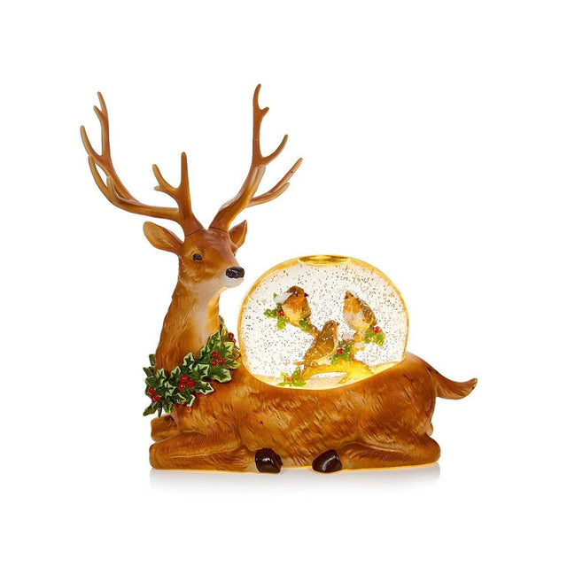 29cm Lit Reindeer Water Spinner with Robin Scene - XMAS LANTERNS/ BOTTLES - Beattys of Loughrea