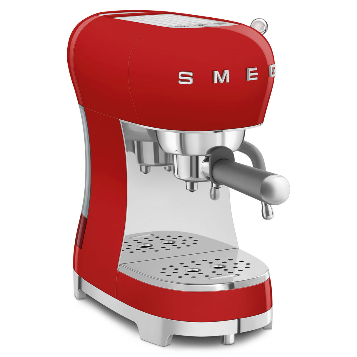 Smeg red espresso coffee machine with a visible milk frother and stainless steel filters.