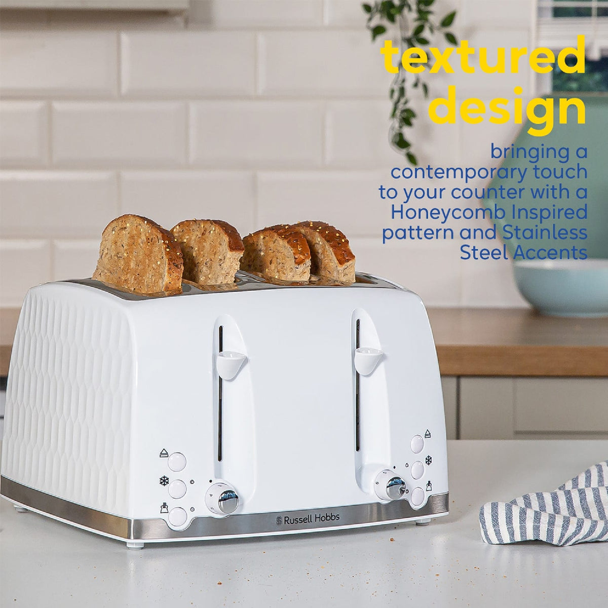 Russell Hobbs Honeycomb 4 Slice White Toaster 26070 - TOASTERS - Beattys of Loughrea