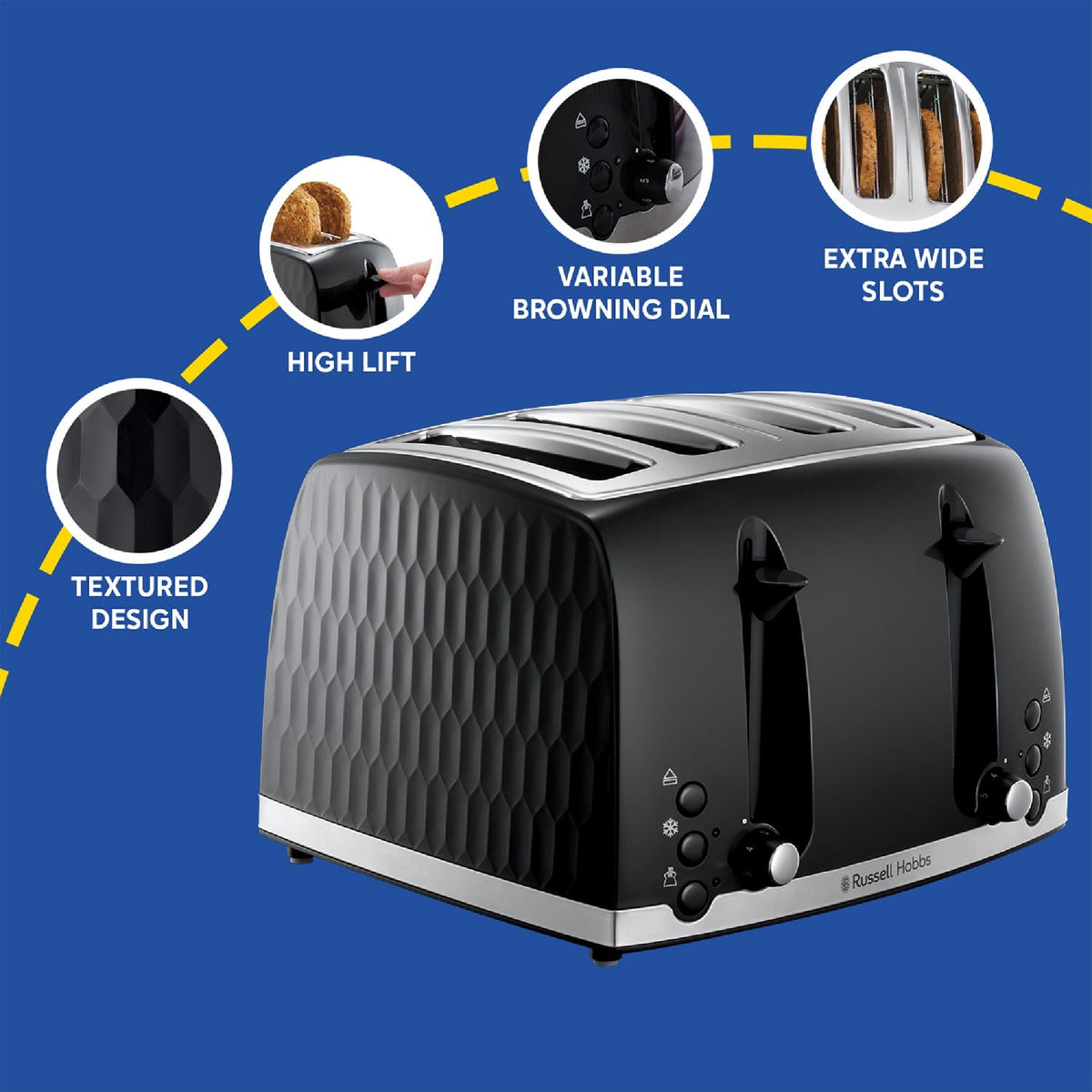 Russell Hobbs Honeycomb 4 Slice Black Toaster 26071 - TOASTERS - Beattys of Loughrea