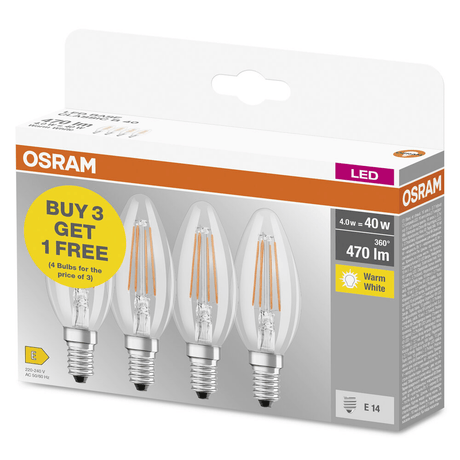 Osram 4pk Warm White E14 LED Bulbs 4.0w=40W - LED BULBS - Beattys of Loughrea