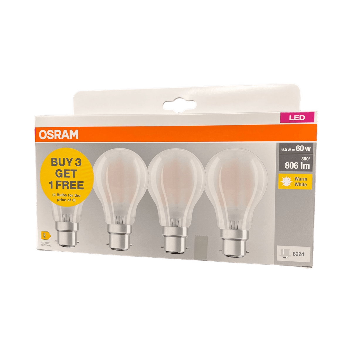 Osram 4pK Warm White B22d LED Bulbs 6.5w=60W - LED BULBS - Beattys of Loughrea