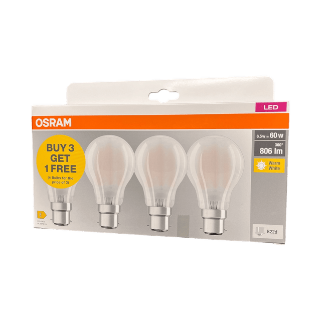 Osram 4pK Warm White B22d LED Bulbs 6.5w=60W - LED BULBS - Beattys of Loughrea