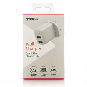 Groov-e Dual USB-A 12W Mains Charger - White