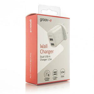 Groov-e Dual USB-A 12W Mains Charger - White