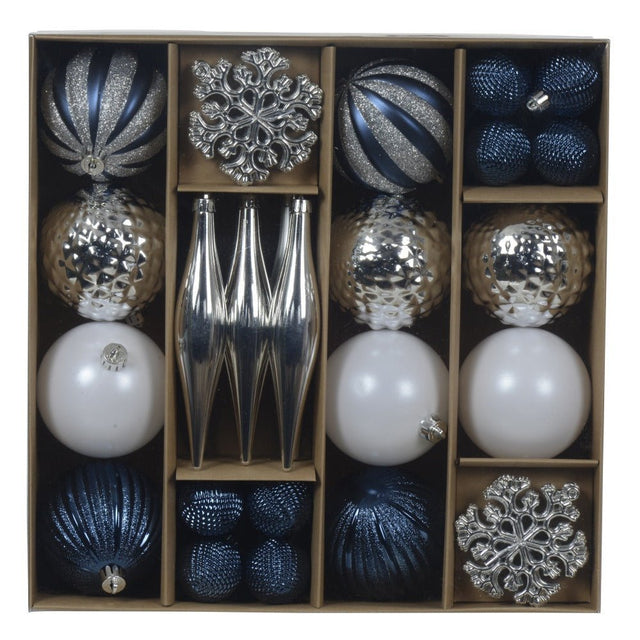 Blue, Silver And White Shatterproof Bauble Mix - Pack Of 46 – A Holiday Essential To Brighten Your Celebrations. - XMAS BAUBLES - Beattys of Loughrea