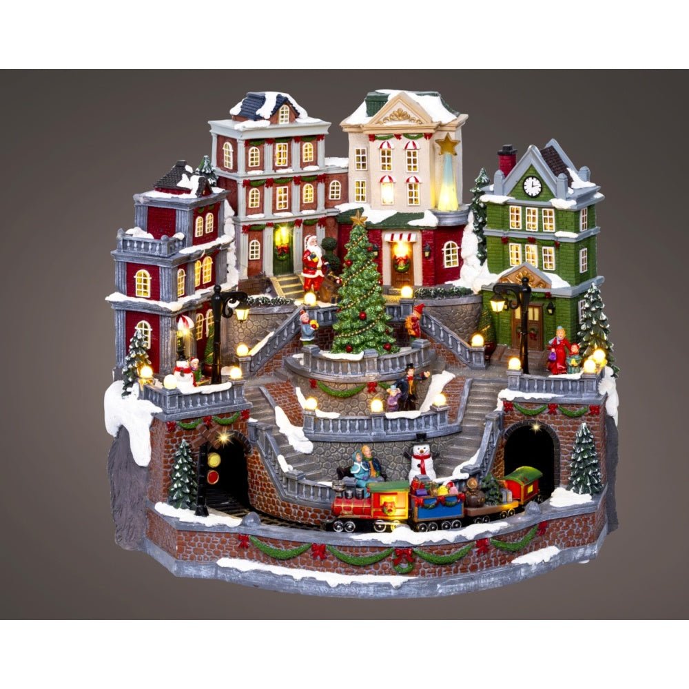Led Musical Christmas Village Scene With Moving Train - XMAS ROOM DECORATION LARGE AND LIGHT UP - Beattys of Loughrea