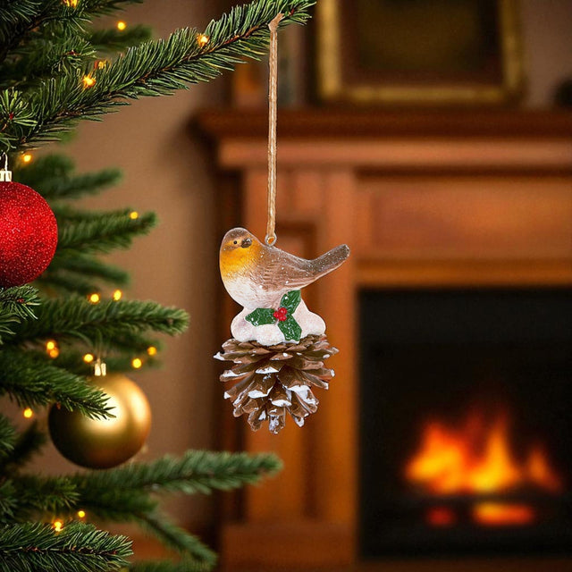 10cm Polyresin Robin on Pine Cone Hanging Decoration - XMAS PICKS - Beattys of Loughrea