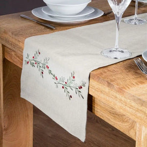 Premier 2m Embroidered Chambray Holly Berry Table Runner - TABLECLOTHS/RUNNERS - Beattys of Loughrea