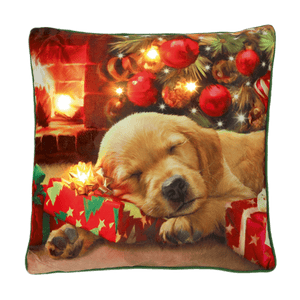 Battery Operated Lit Cushion Puppy Asleep on Present 45 x 45cm - CUSHIONS/COVERS - Beattys of Loughrea