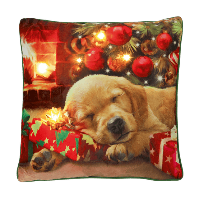 Battery Operated Lit Cushion Puppy Asleep on Present 45 x 45cm - CUSHIONS/COVERS - Beattys of Loughrea