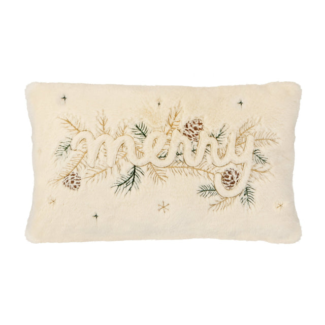 30 x 50cm Faux Fur Embroidered MERRY Cushion - CUSHIONS/COVERS - Beattys of Loughrea
