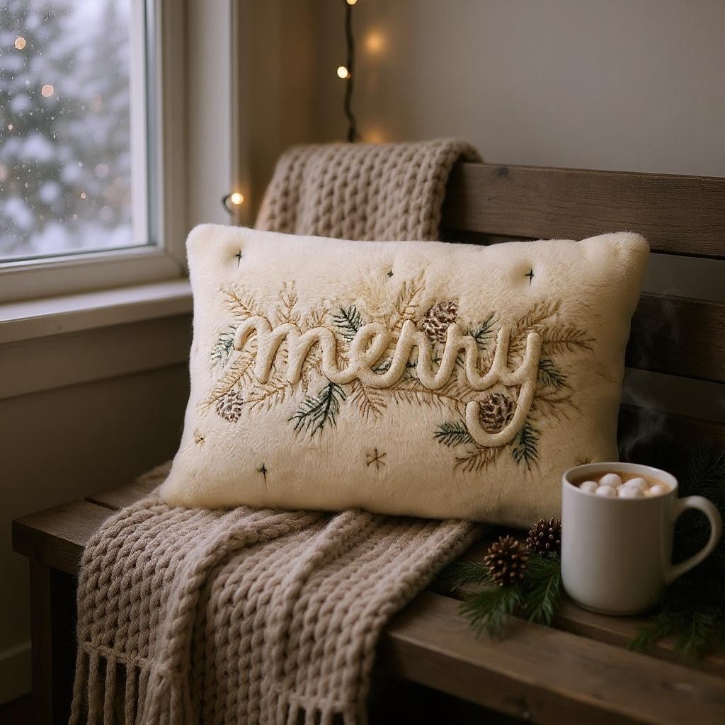 30 x 50cm Faux Fur Embroidered MERRY Cushion - CUSHIONS/COVERS - Beattys of Loughrea