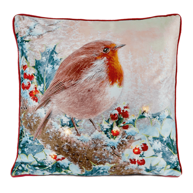 Battery Operated Lit Cushion Robin Among the Holly 45 x 45cm - CUSHIONS/COVERS - Beattys of Loughrea