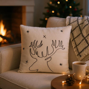 45 x 45cm Faux Fur Cushion with Embroidered Reindeer - CUSHIONS/COVERS - Beattys of Loughrea