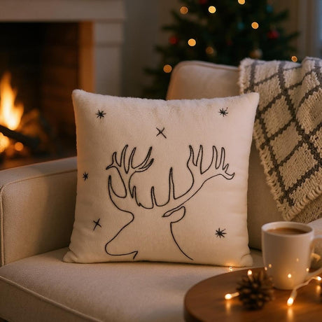 45 x 45cm Faux Fur Cushion with Embroidered Reindeer - CUSHIONS/COVERS - Beattys of Loughrea