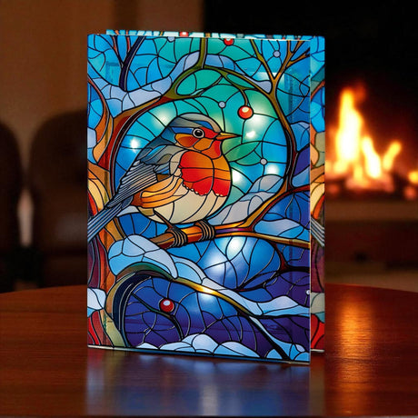 21x28 cm Stained Glass Robin Light, 50 LEDs, Double - Sided - XMAS ROOM DECORATION LARGE AND LIGHT UP - Beattys of Loughrea