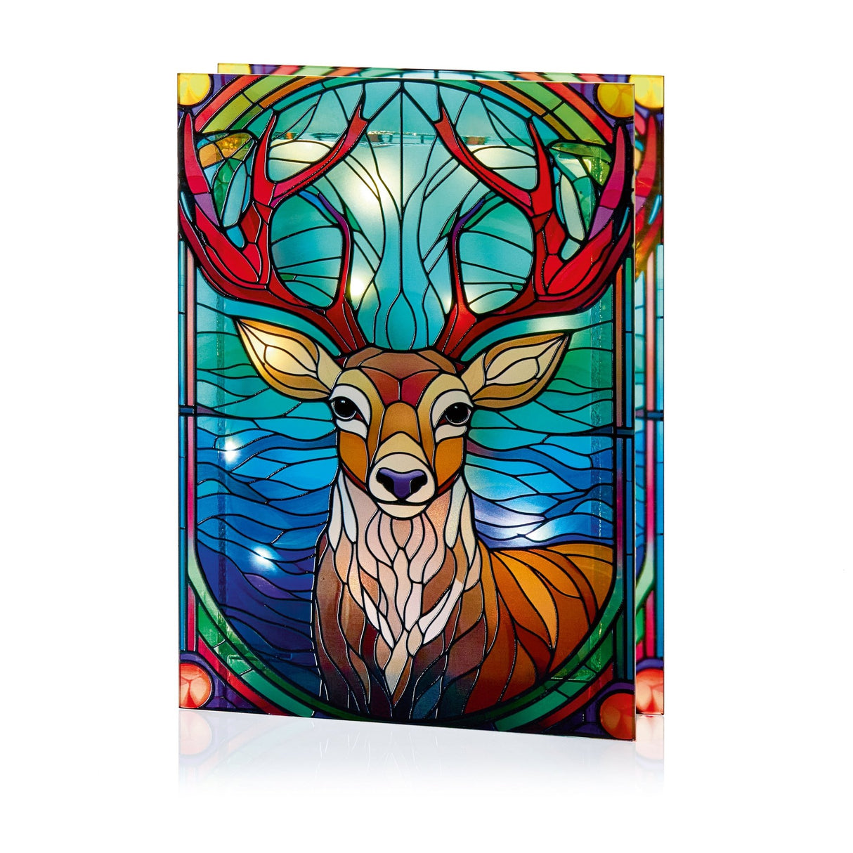 21x28 cm Stained Glass Stag Light, 50 LEDs, Double - Sided - XMAS ROOM DECORATION LARGE AND LIGHT UP - Beattys of Loughrea