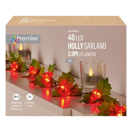 Premier 2.8m Lit Holly Garland with Red Berries and 40 Red LED - XMAS GARLANDS - Beattys of Loughrea
