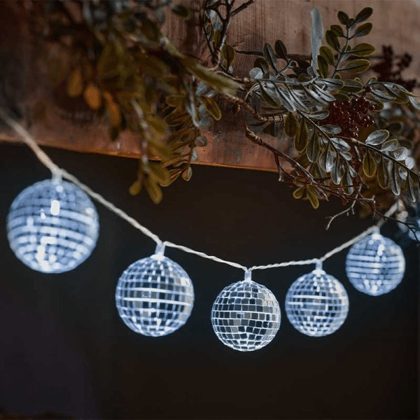 GlitterBall String Lights, Silver - Set of 10 - XMAS BATTERY OPERATED LIGHTS - Beattys of Loughrea