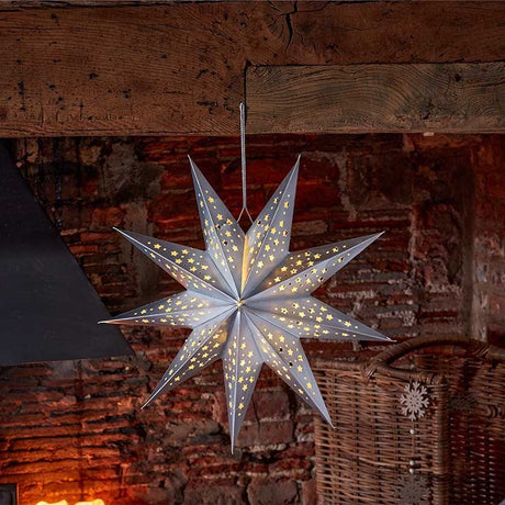 InLit Origami Paper Star Light Hanging Decoration – Silver (50cm) - XMAS ROOM DECORATION - LIGHT UP - Beattys of Loughrea