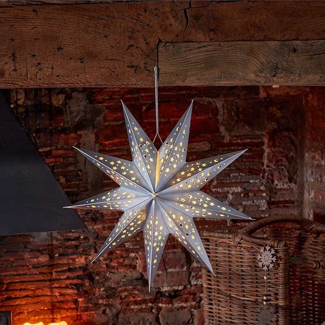 InLit Origami Paper Star Light Hanging Decoration – Silver (50cm) - XMAS ROOM DECORATION - LIGHT UP - Beattys of Loughrea