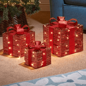 RedGold Braid LED Faux Gift Boxes - Set of 3 - XMAS ROOM DECORATION LARGE AND LIGHT UP - Beattys of Loughrea