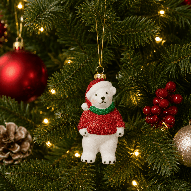 Glitzy Polar Bear Pendant Christmas Tree Ornament - XMAS HANGING DECOS - Beattys of Loughrea