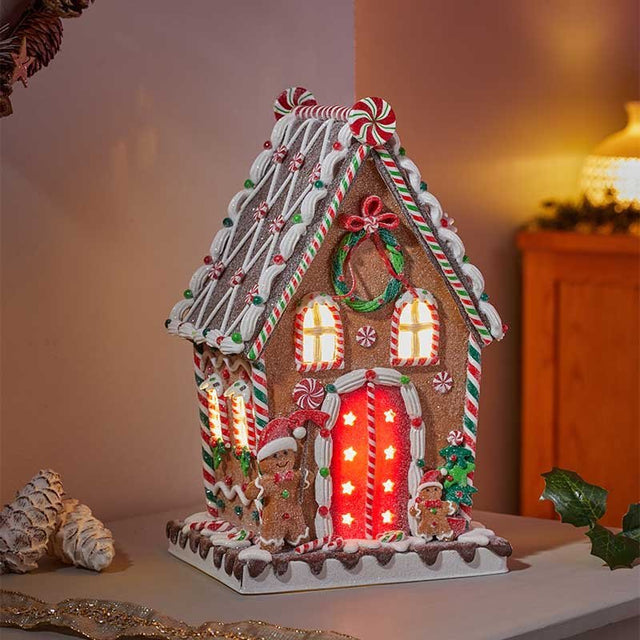 Gingerbread Candy Lodge Pre-Lit LED Christmas Ornament – 34cm - XMAS CERAMIC WOOD RESIN GLASS ORNAMENTS - Beattys of Loughrea