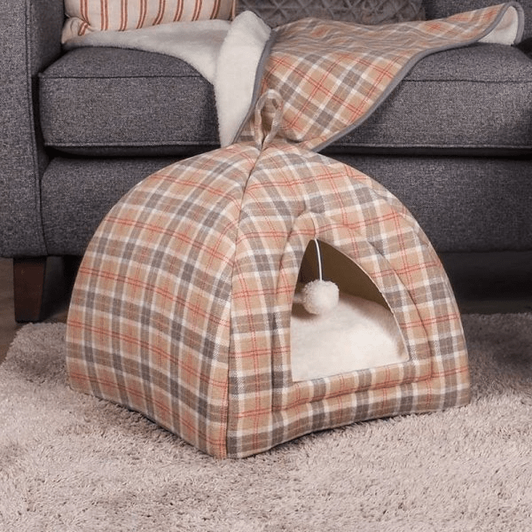 County Beige Check cat Igloo - PET BLANKET CUSHIONS COATS - Beattys of Loughrea