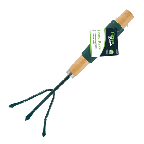 Green Blade Hand Rake With Cushion Grip Wooden Handle - GARDEN HOE/RAKE/HANDLE/HAND TOOL - Beattys of Loughrea