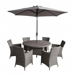 Parma 6‑Seater Round Garden Dining Set – Grey/Brown - WOOD / RATTAN GDN FURN SET 4+ SEATS - Beattys of Loughrea