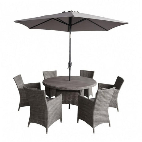 Parma 6‑Seater Round Garden Dining Set – Grey/Brown - WOOD / RATTAN GDN FURN SET 4+ SEATS - Beattys of Loughrea