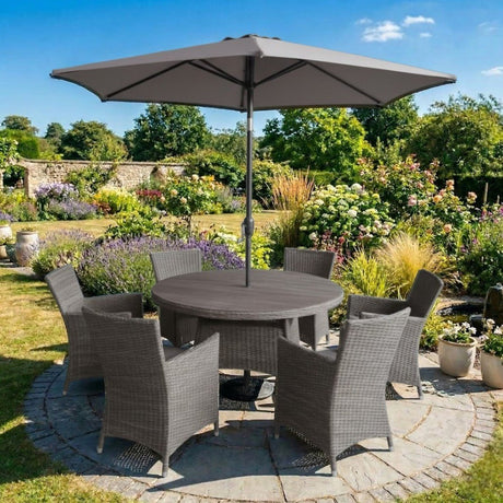 Parma 6‑Seater Round Garden Dining Set – Grey/Brown - WOOD / RATTAN GDN FURN SET 4+ SEATS - Beattys of Loughrea