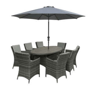 Parma 8‑Seater Oval Garden Dining Set in Grey/Brown - WOOD / RATTAN GDN FURN SET 4+ SEATS - Beattys of Loughrea