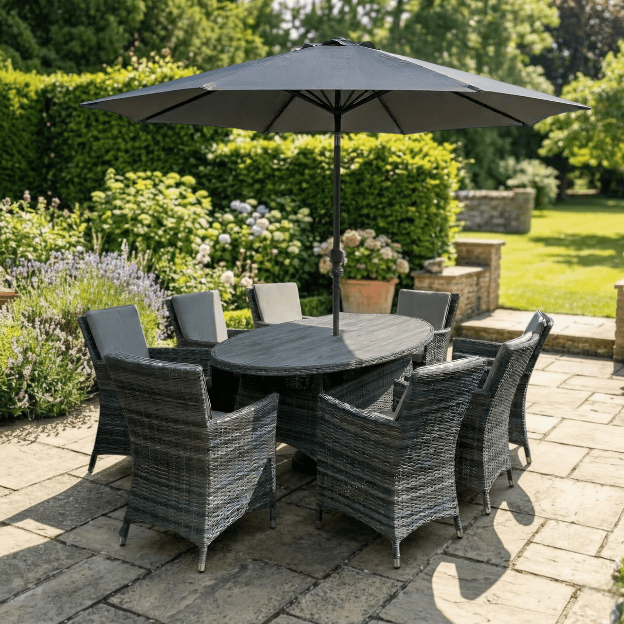 Parma 8‑Seater Oval Garden Dining Set in Grey/Brown - WOOD / RATTAN GDN FURN SET 4+ SEATS - Beattys of Loughrea