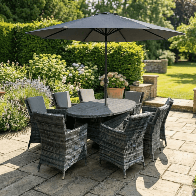 Parma 8‑Seater Oval Garden Dining Set in Grey/Brown - WOOD / RATTAN GDN FURN SET 4+ SEATS - Beattys of Loughrea
