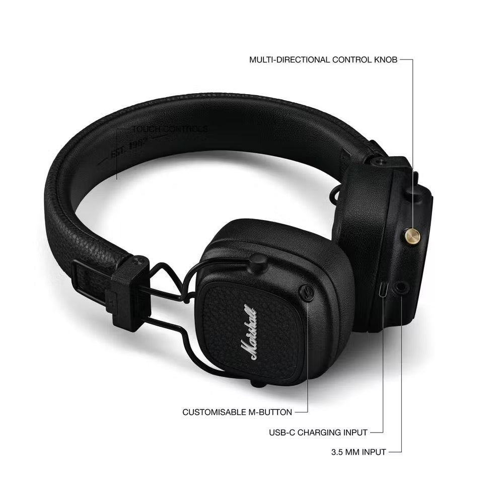 Marshall Major V Wireless Bluetooth Headphones - Black - HEADPHONES / EARPHONES/ MICROPHONE - Beattys of Loughrea