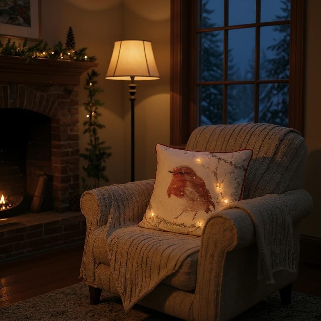 Battery Operated Lit Cushion Winter Glow Robin 45 x 45cm - CUSHIONS/COVERS - Beattys of Loughrea