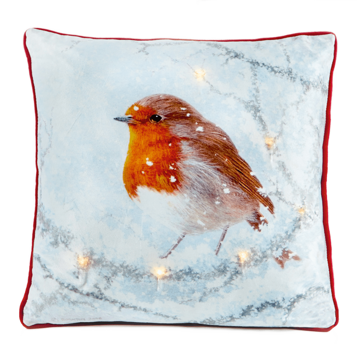 Battery Operated Lit Cushion Winter Glow Robin 45 x 45cm - CUSHIONS/COVERS - Beattys of Loughrea