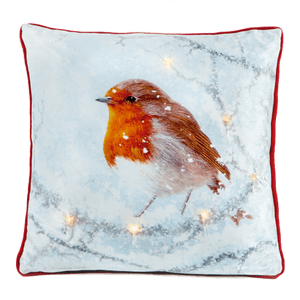 Battery Operated Lit Cushion Winter Glow Robin 45 x 45cm - CUSHIONS/COVERS - Beattys of Loughrea