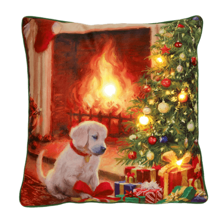 Battery Operated Lit Cushion Puppy Looking at Tree 45 x 45cm - CUSHIONS/COVERS - Beattys of Loughrea
